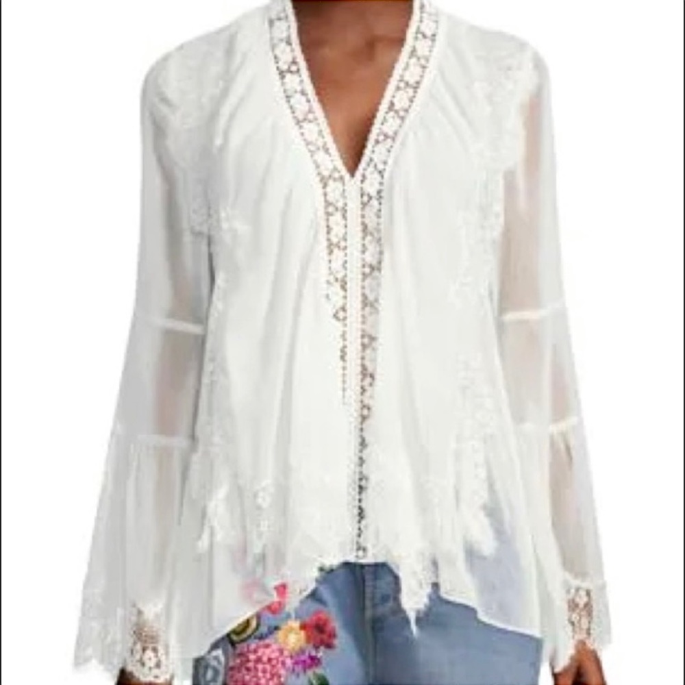 Alice + Olivia Jaden Lace Trimmed Bell Sleeve Sheer Gauze White Tunic Top Blouse - Picture 2 of 16
